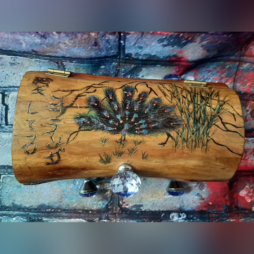 Handcrafted Cedar Log Wooden Jewelry Box with Peacock Design VERY UNIQUE!!